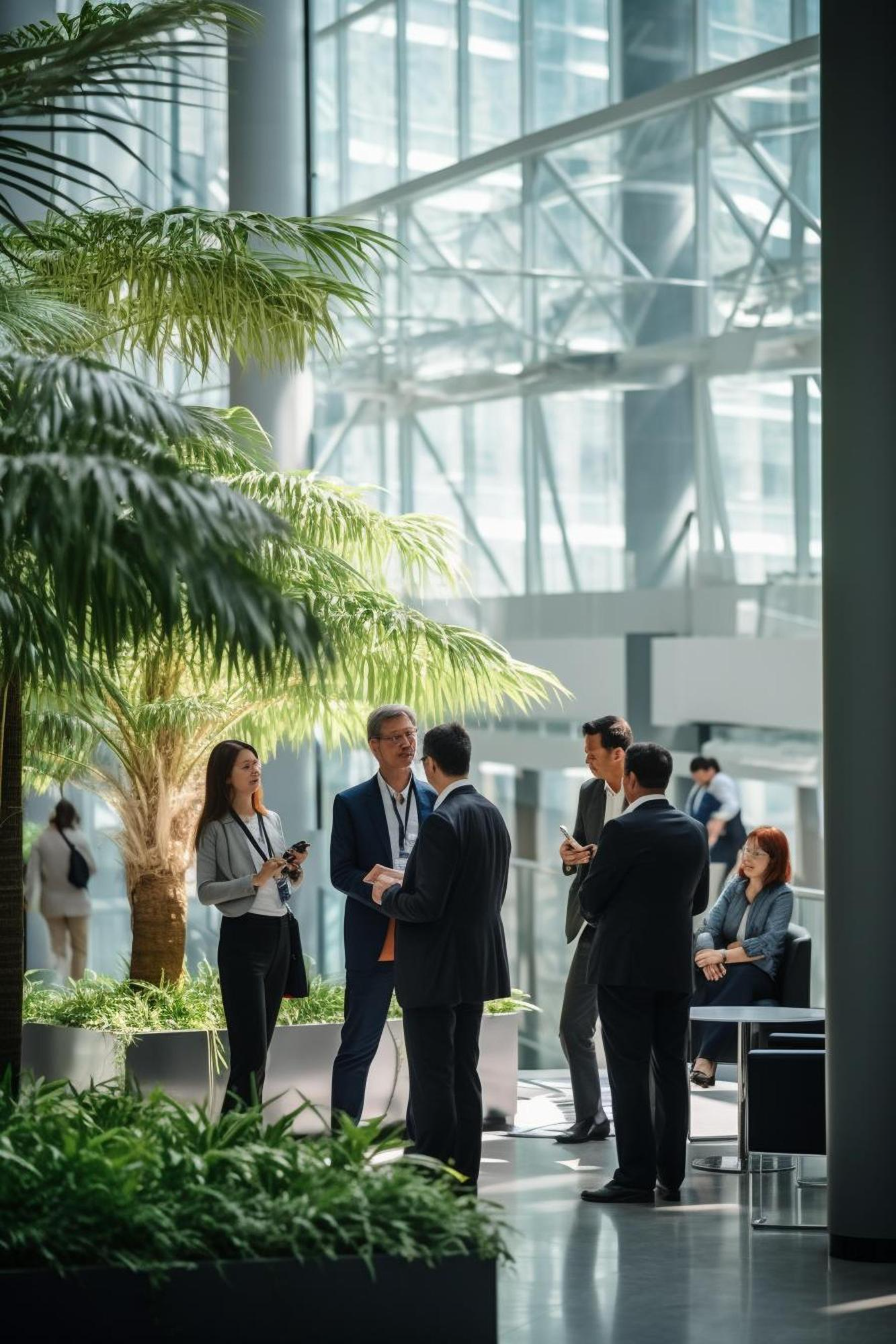 People networking in a modern office space with plants